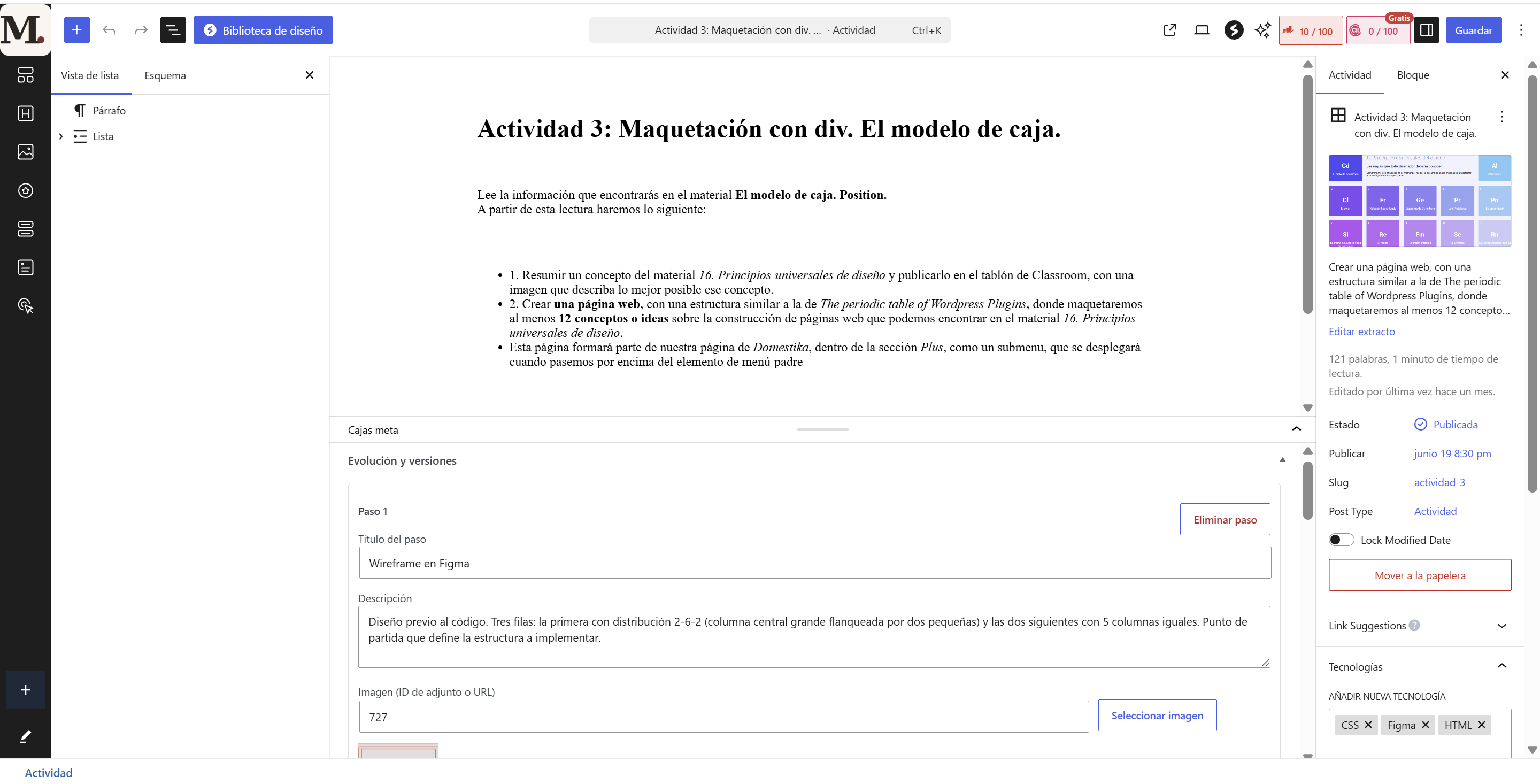 Editor de WordPress mostrando la metabox 'Evolución y versiones' con el Paso 1 de una actividad: título, descripción e imagen