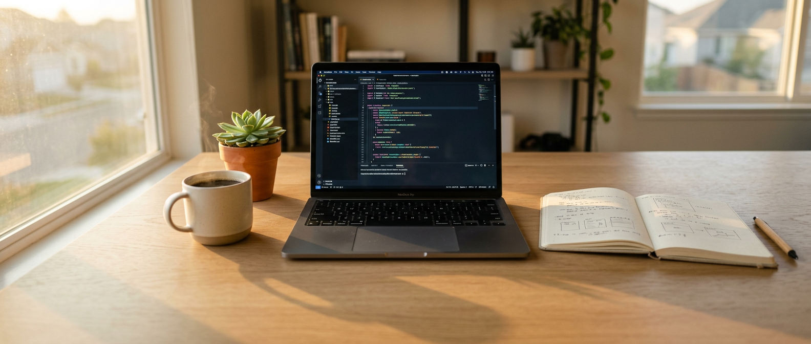 Marc trabajando en su portfolio — escritorio con portátil y código